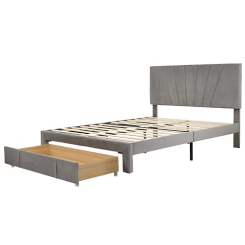 Imagen Cama doble elegante con somier respaldo y cajones grandes en gris