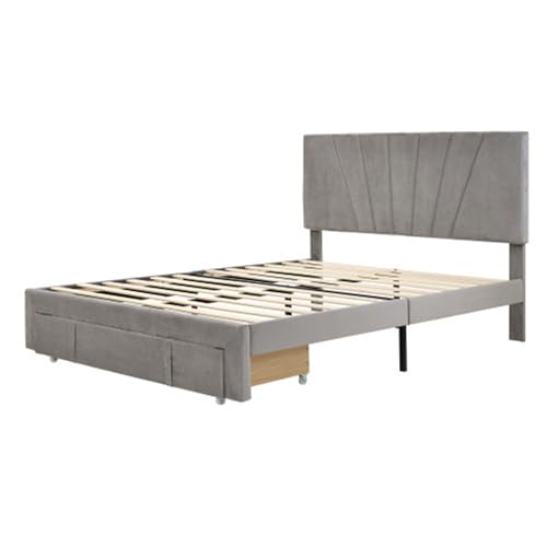 Imagen Cama doble elegante con somier respaldo y cajones grandes en gris