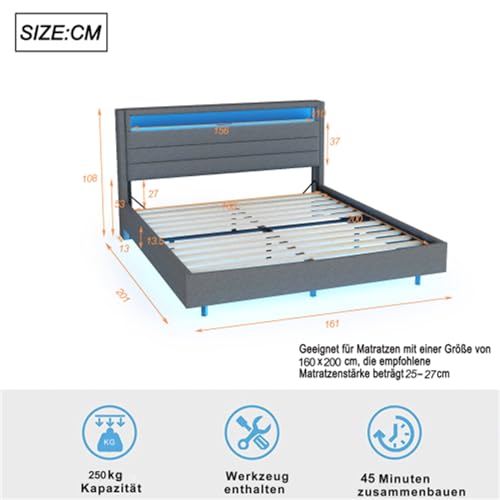 Imagen Cama tapizada multifuncional con luces led y usb gris tamaño 160x200