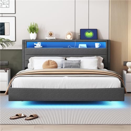 Imagen Cama tapizada multifuncional con luces led y usb gris tamaño 160x200