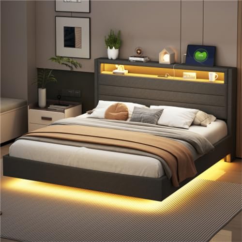 Imagen Cama tapizada multifuncional con luces led y usb gris tamaño 160x200