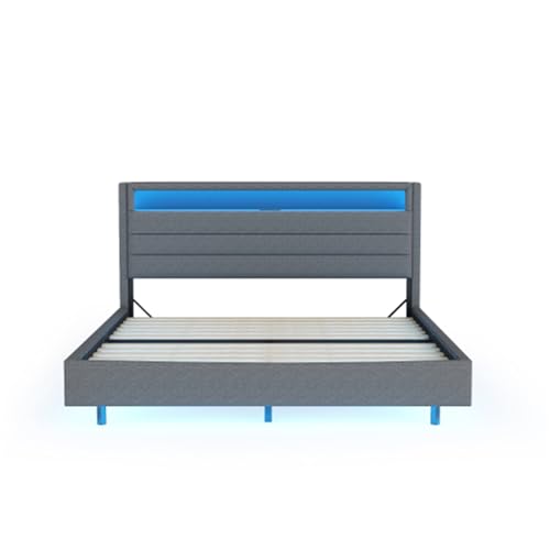 Imagen Cama tapizada multifuncional con luces led y usb gris tamaño 160x200