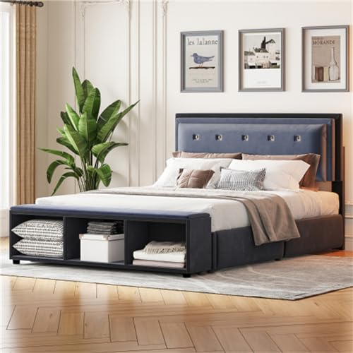 Imagen Cama doble tapizada en tela gris con almacenaje y diseño bicolor