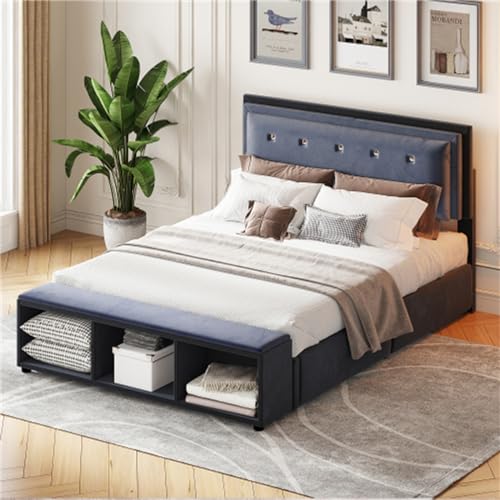 Imagen Cama doble tapizada en tela gris con almacenaje y diseño bicolor