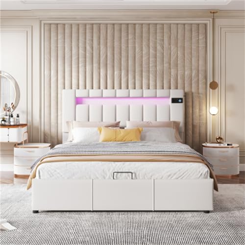 Imagen Cama doble inteligente con luz led y usb 140x200 cm almacenaje hidraulico ideal para familias e invitados beige