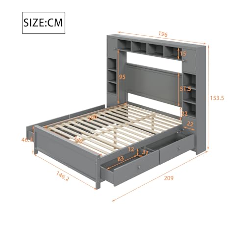 Imagen Cama de madera maciza 140x200 con almacenamiento y armario diseño elegante en gris