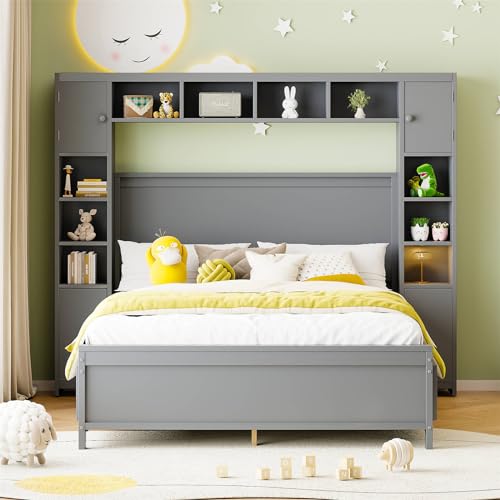 Imagen Cama de madera maciza 140x200 con almacenamiento y armario diseño elegante en gris