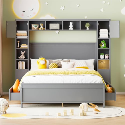 Imagen Cama de madera maciza 140x200 con almacenamiento y armario diseño elegante en gris