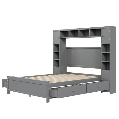 Imagen Cama de madera maciza 140x200 con almacenamiento y armario diseño elegante en gris