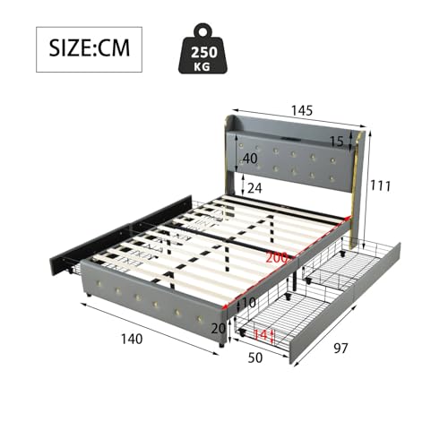 Imagen Cama doble tapizada 140x200 cm con puertos usb y cajones modernidad y funcionalidad en gris