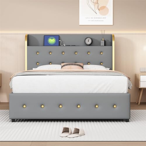 Imagen Cama doble tapizada 140x200 cm con puertos usb y cajones modernidad y funcionalidad en gris