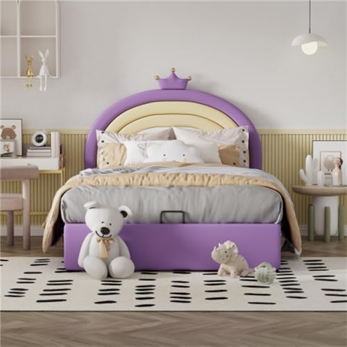 Imagen Cama hidraulica tapizada con cabecera ajustable y diseño de arcoiris morado