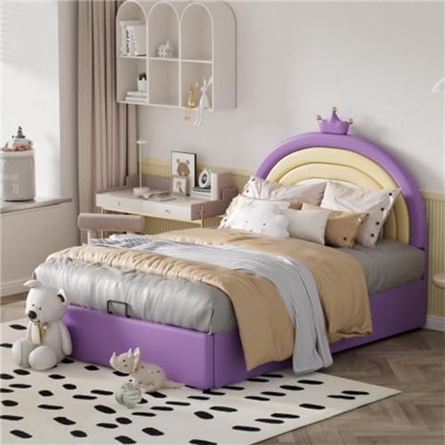 Imagen Cama hidraulica tapizada con cabecera ajustable y diseño de arcoiris morado