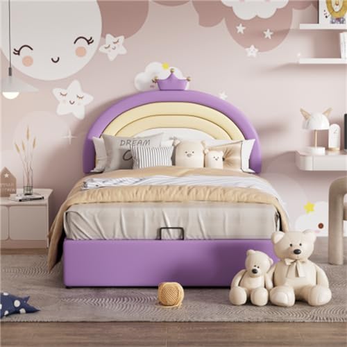 Imagen Cama hidraulica tapizada con cabecera ajustable y diseño de arcoiris morado