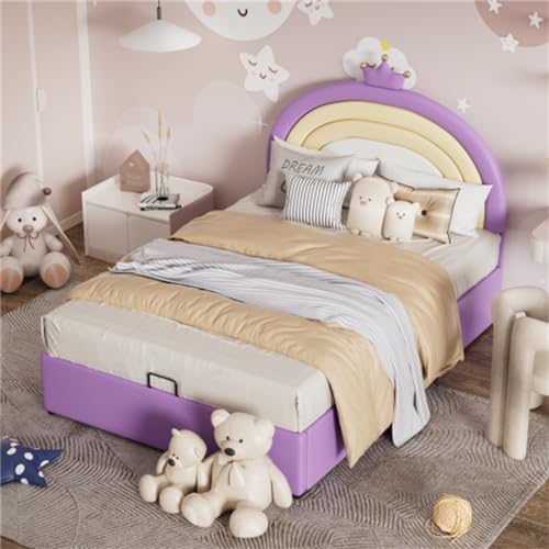 Imagen Cama hidraulica tapizada con cabecera ajustable y diseño de arcoiris morado