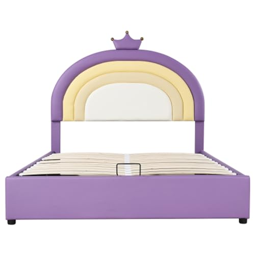 Imagen Cama hidraulica tapizada con cabecera ajustable y diseño de arcoiris morado