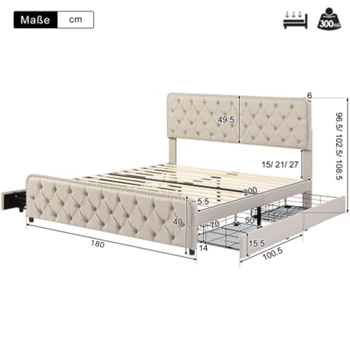 Imagen Cama doble con almacenamiento cabecera ajustable y detalles en beige