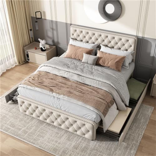 Imagen Cama doble con almacenamiento cabecera ajustable y detalles en beige