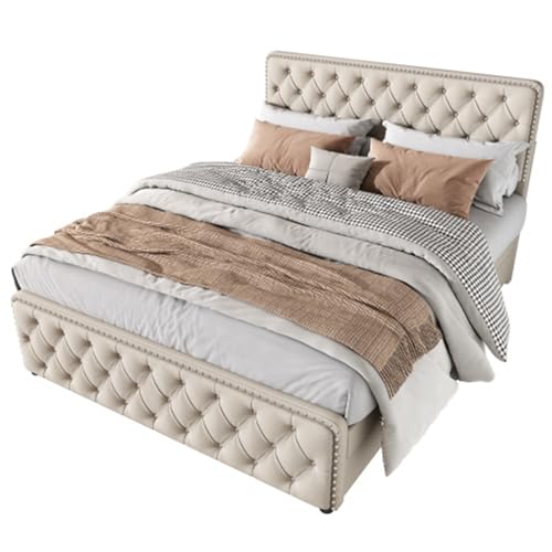 Imagen Cama doble con almacenamiento cabecera ajustable y detalles en beige