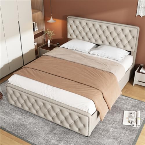 Imagen Cama doble con almacenamiento cabecera ajustable y detalles en beige