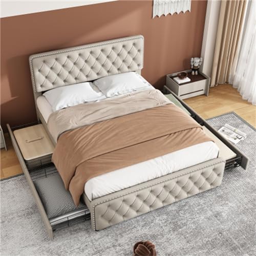 Imagen Cama doble con almacenamiento cabecera ajustable y detalles en beige