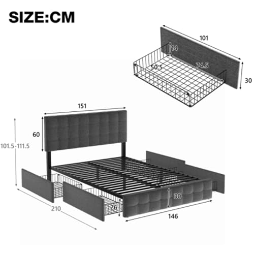 Imagen Cama doble tapizada con almacenamiento y cabecera ajustable en gris ideal para adultos y adolescentes