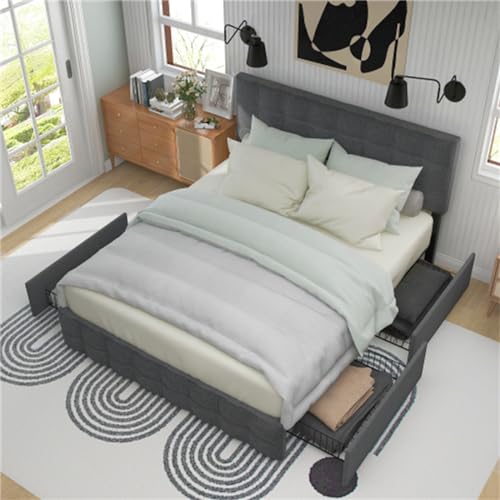 Imagen Cama doble tapizada con almacenamiento y cabecera ajustable en gris ideal para adultos y adolescentes