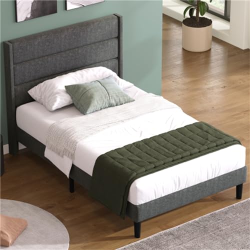 Imagen Cama doble tapizada en lino gris con diseño moderno