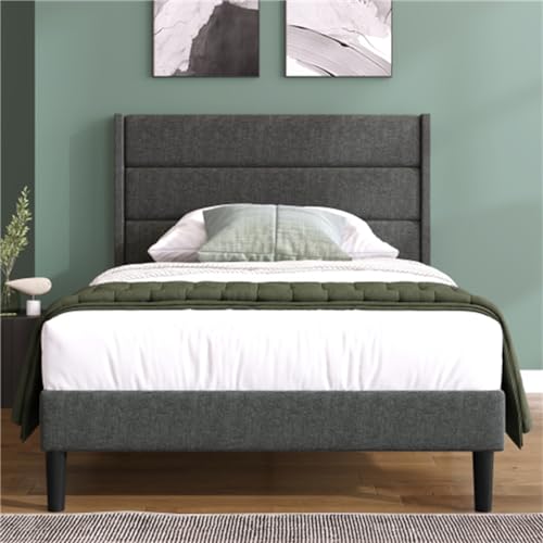 Imagen Cama doble tapizada en lino gris con diseño moderno