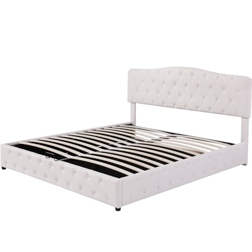 Imagen Cama doble tapizada con cabecera ajustable en blanco moderna sencilla y elegante