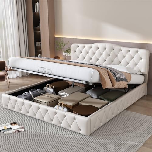 Imagen Cama doble tapizada con cabecera ajustable en blanco moderna sencilla y elegante