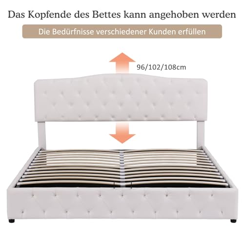 Imagen Cama doble tapizada con cabecera ajustable en blanco moderna sencilla y elegante