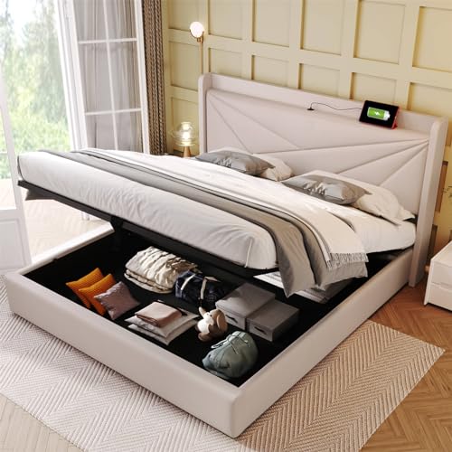 Imagen Cama doble de lino con almacenamiento y cargador usb tipo c moderna elegante y resistente