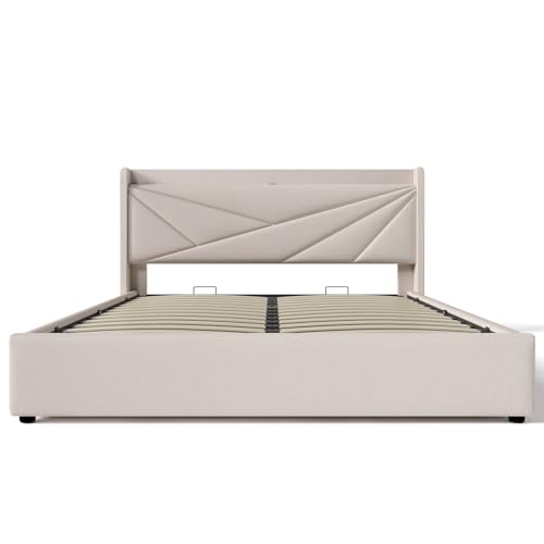 Imagen Cama doble de lino con almacenamiento y cargador usb tipo c moderna elegante y resistente