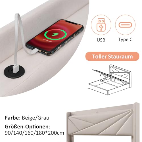 Imagen Cama doble de lino con almacenamiento y cargador usb tipo c moderna elegante y resistente