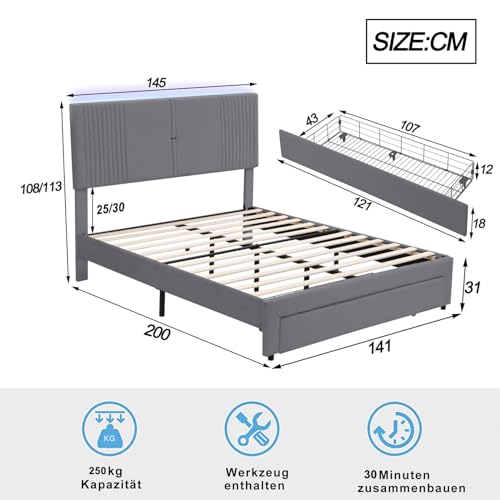 Imagen Cama doble tapizada con luces led y almacenamiento elegante y funcional gray 140x200