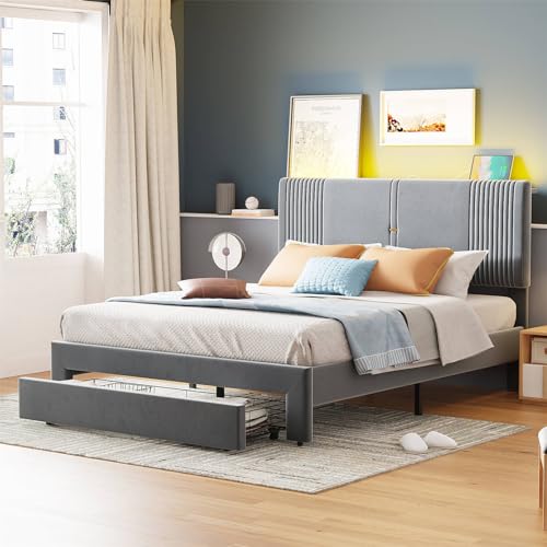 Imagen Cama doble tapizada con luces led y almacenamiento elegante y funcional gray 140x200