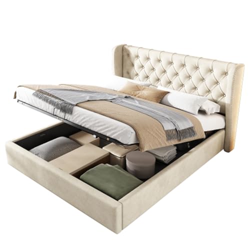 Imagen Cama tapizada con almacenaje hidraulico en beige tejidos suaves y elegantes