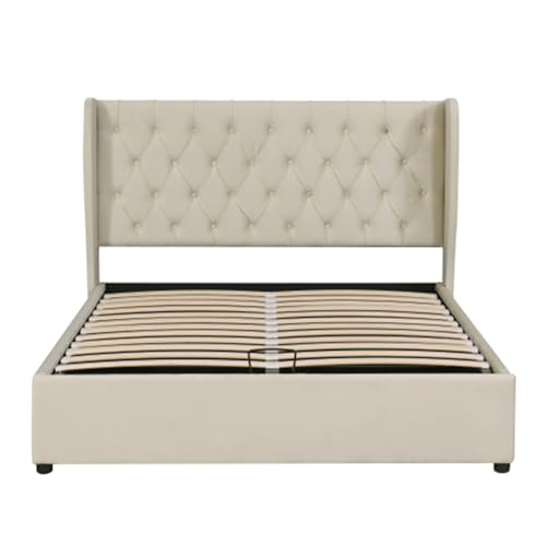 Imagen Cama tapizada con almacenaje hidraulico en beige tejidos suaves y elegantes