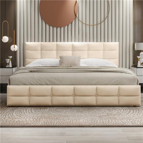 Imagen Duerme como reyes cama doble tapizada con 4 cajones y estructura de acero - beige