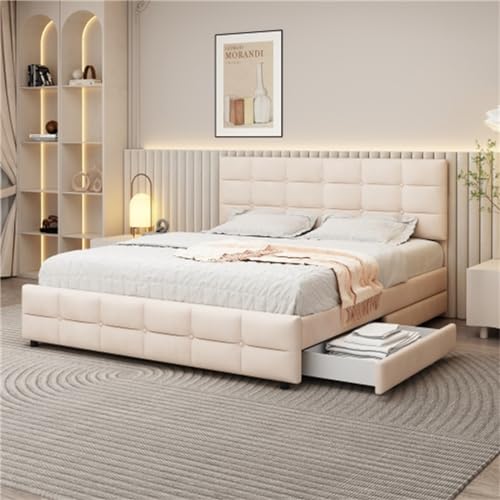 Imagen Duerme como reyes cama doble tapizada con 4 cajones y estructura de acero - beige