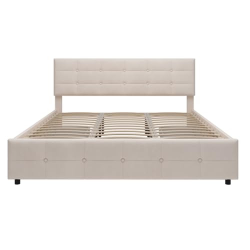 Imagen Duerme como reyes cama doble tapizada con 4 cajones y estructura de acero - beige