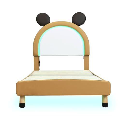 Imagen Cama infantil moderna con luces led amarillo-marron cabecero ajustable