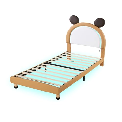 Imagen Cama infantil moderna con luces led amarillo-marron cabecero ajustable