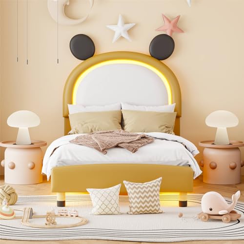 Imagen Cama infantil moderna con luces led amarillo-marron cabecero ajustable