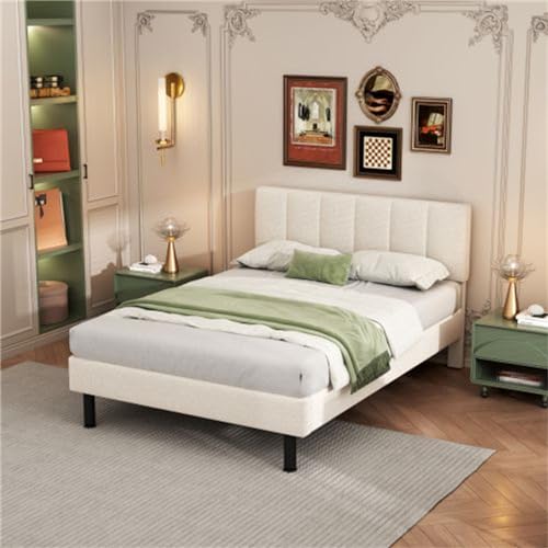 Imagen Cama tapizada con patas de hierro y somier de laminas diseño sencillo en tela especial beige comoda y duradera