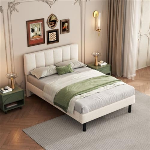 Imagen Cama tapizada con patas de hierro y somier de laminas diseño sencillo en tela especial beige comoda y duradera