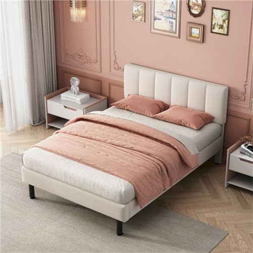 Imagen Cama tapizada con patas de hierro y somier de laminas diseño sencillo en tela especial beige comoda y duradera