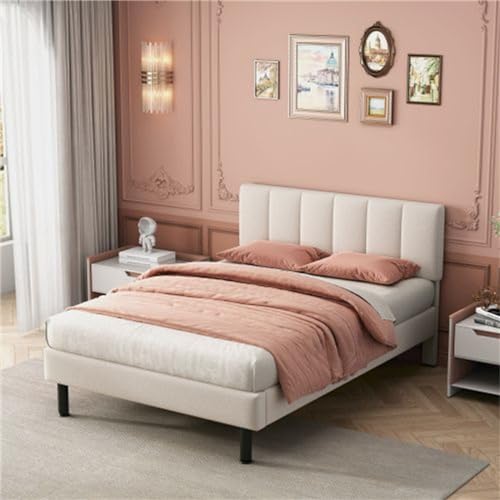 Imagen Cama tapizada con patas de hierro y somier de laminas diseño sencillo en tela especial beige comoda y duradera