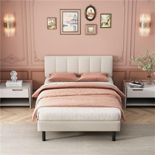 Imagen Cama tapizada con patas de hierro y somier de laminas diseño sencillo en tela especial beige comoda y duradera